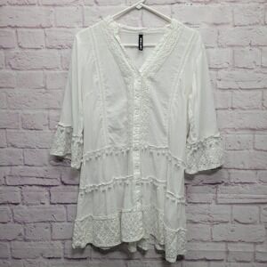 Me 2 Magic Eyelet Tiered Peasant Blouse Sz M Bell Sleeve Coquette Boho Cottage